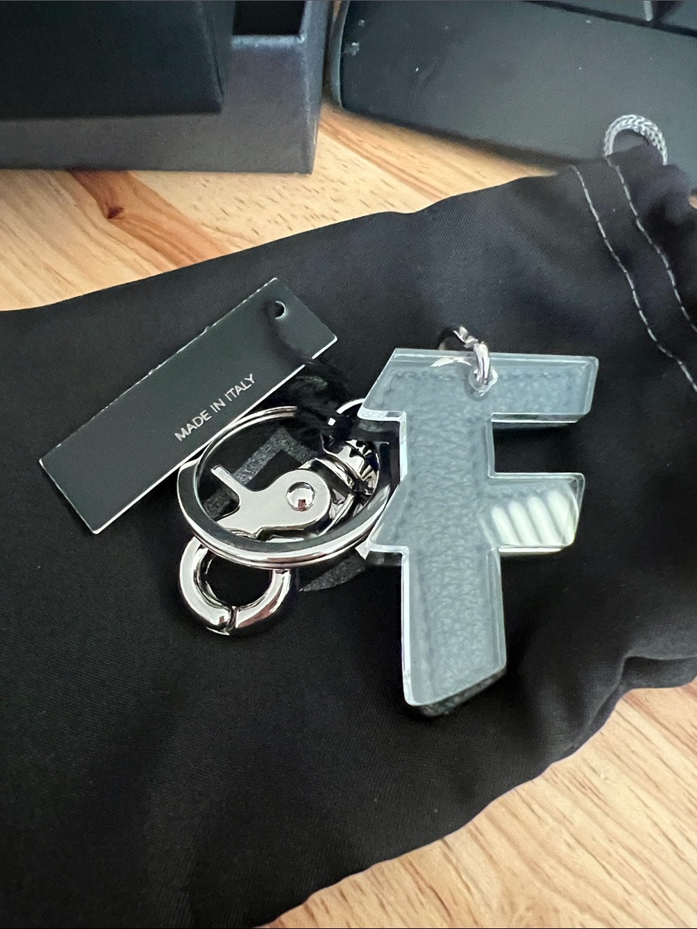 Black Leather 'F' Keychain Bag Charm with Silver Hardware - Picture 1 of 4